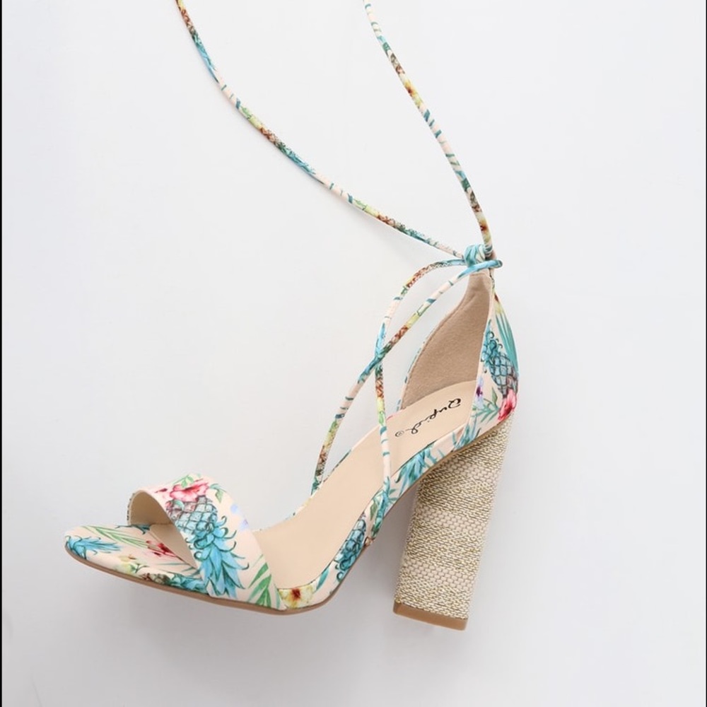 Sora Nude Multi Tropical Print Lace-Up Sandle Heels